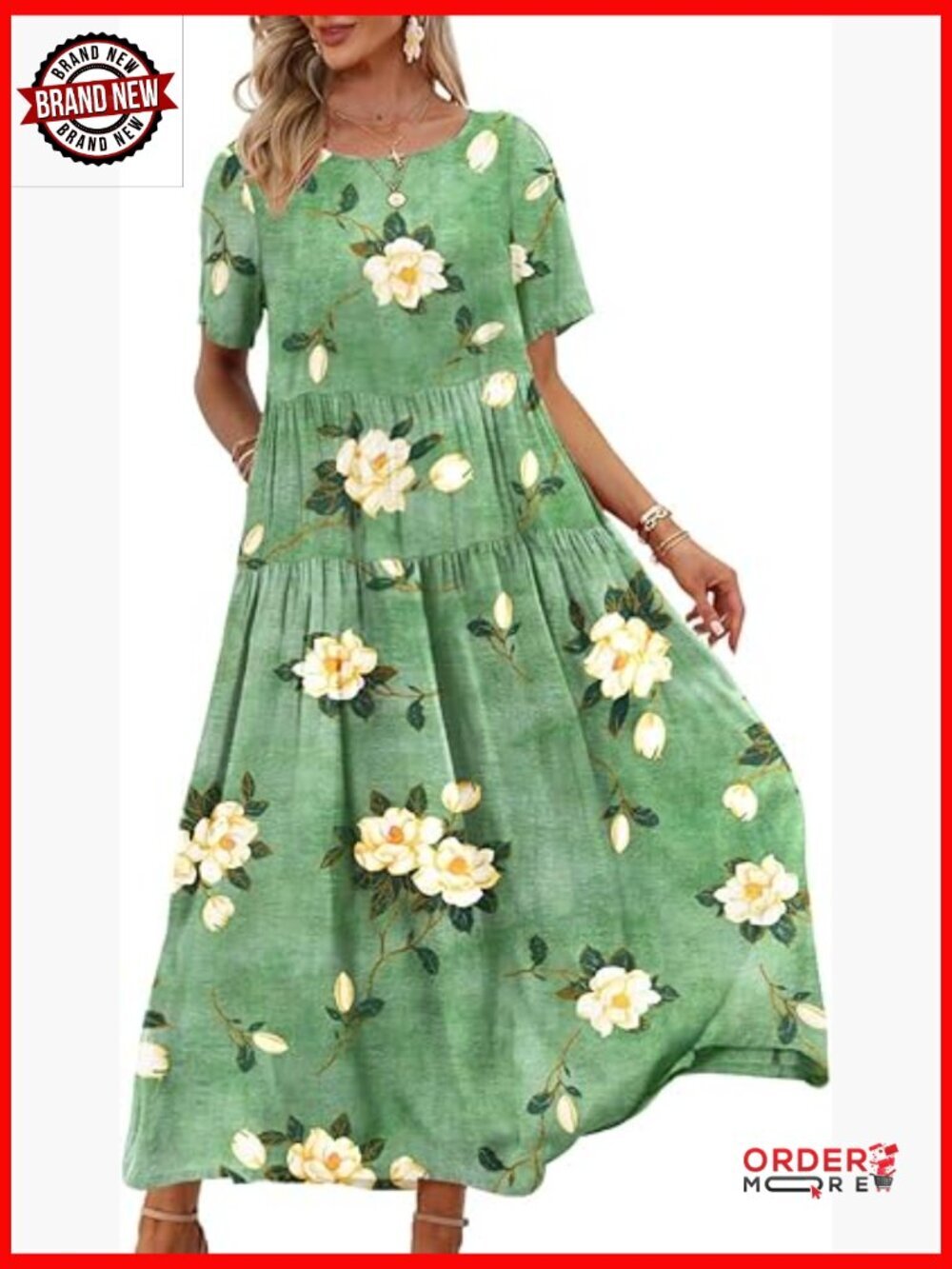 Short Sleeve Maxi Dress with Pockets, Bohemian Swing Dress